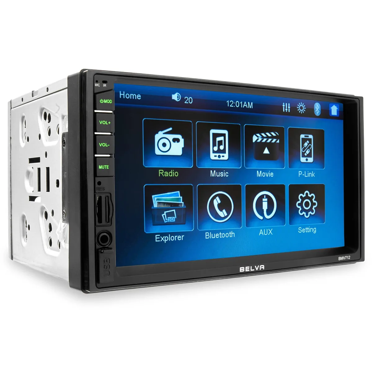 Double DIN car stereo with 7 inch touchscreen display