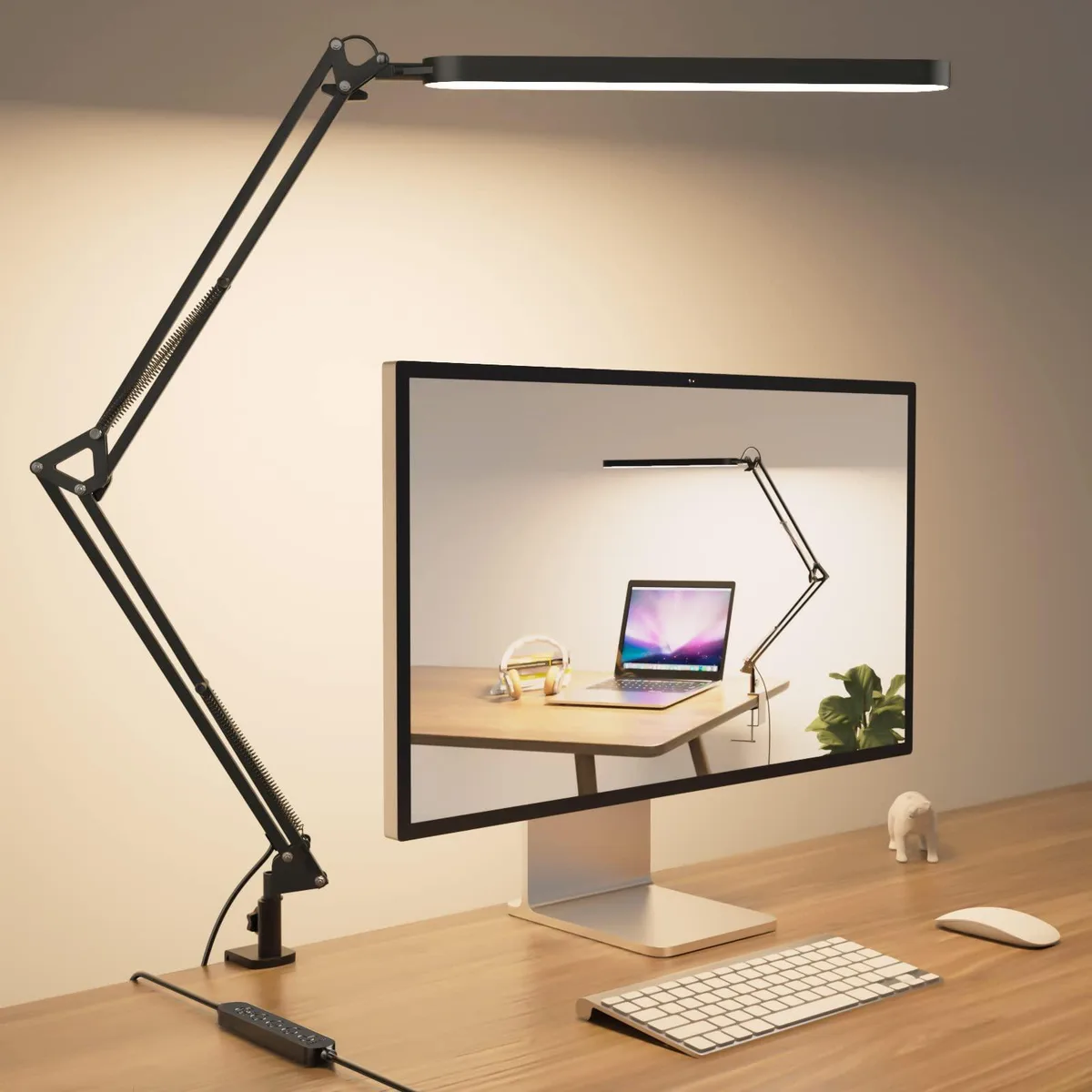 Black matte rectangular LED desk lamp with adjustable swing arm and rotatable head