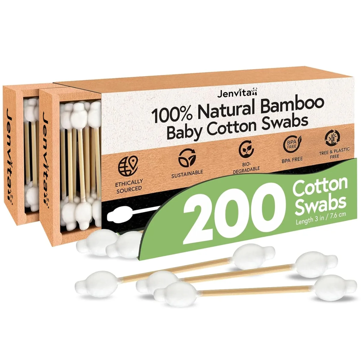 White cardboard box containing 200 bamboo cotton swabs with large safety tips