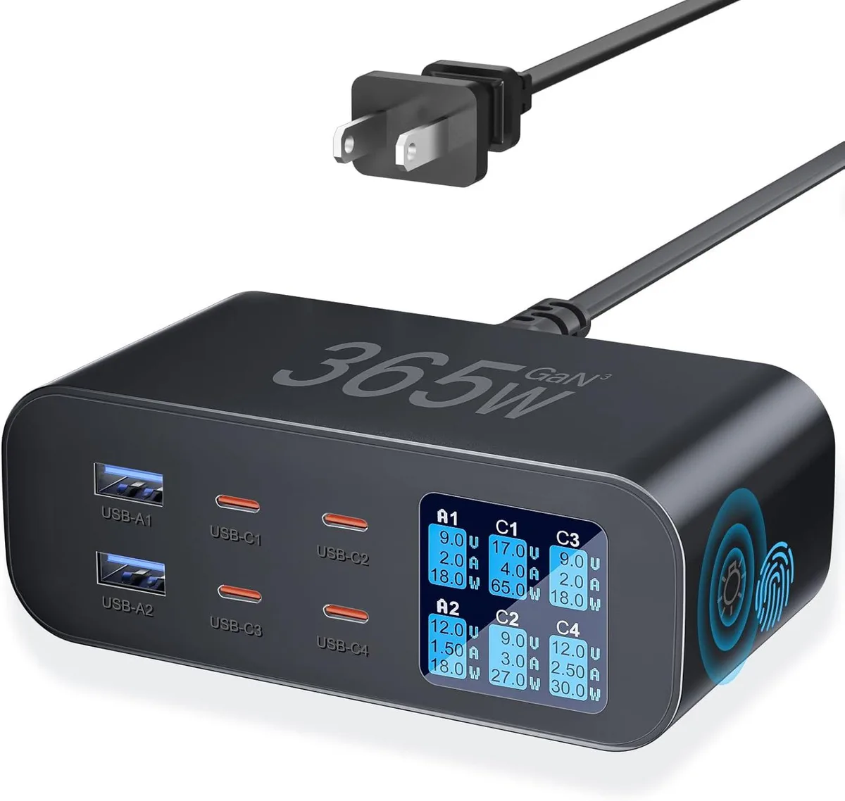ONITOON ONITOON 365W 6-Port USB-C Charger LED Display Black — product photo