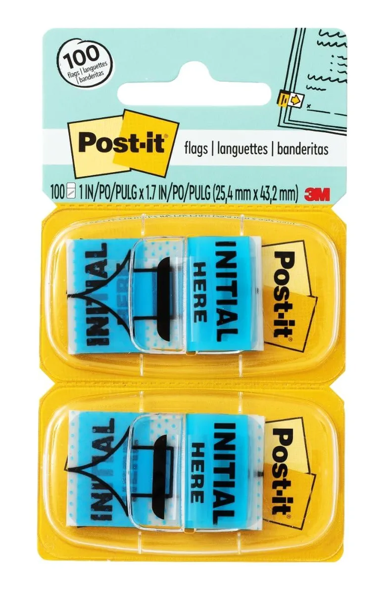 Two blue dispensers of Initial Here flags, each holding 50 small rectangular sticky tabs
