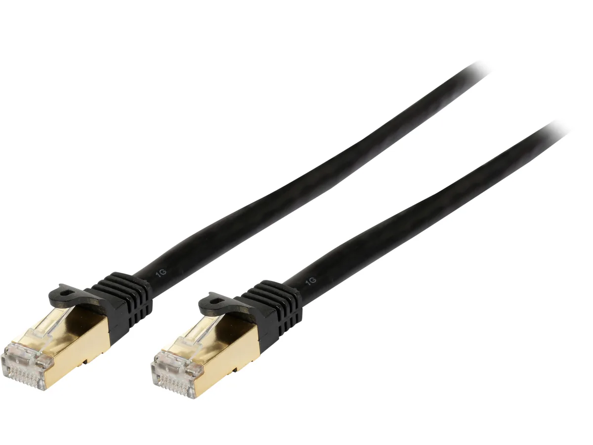 Black shielded Cat6a patch cable with RJ45 connectors, 3 ft length