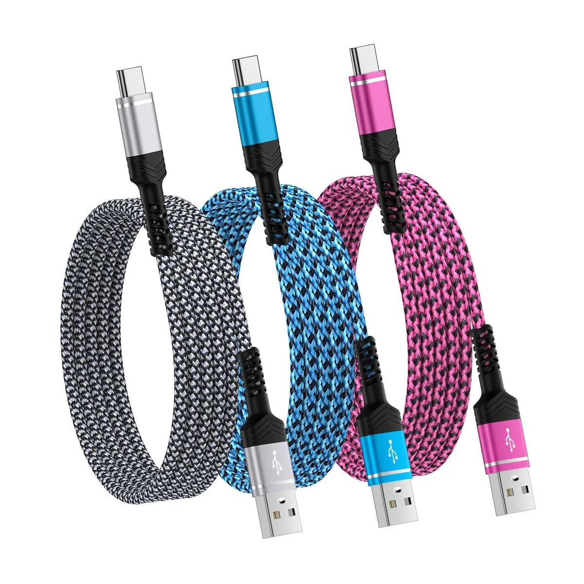 Three 6ft USB-A to USB-C braided cables in blue and purple