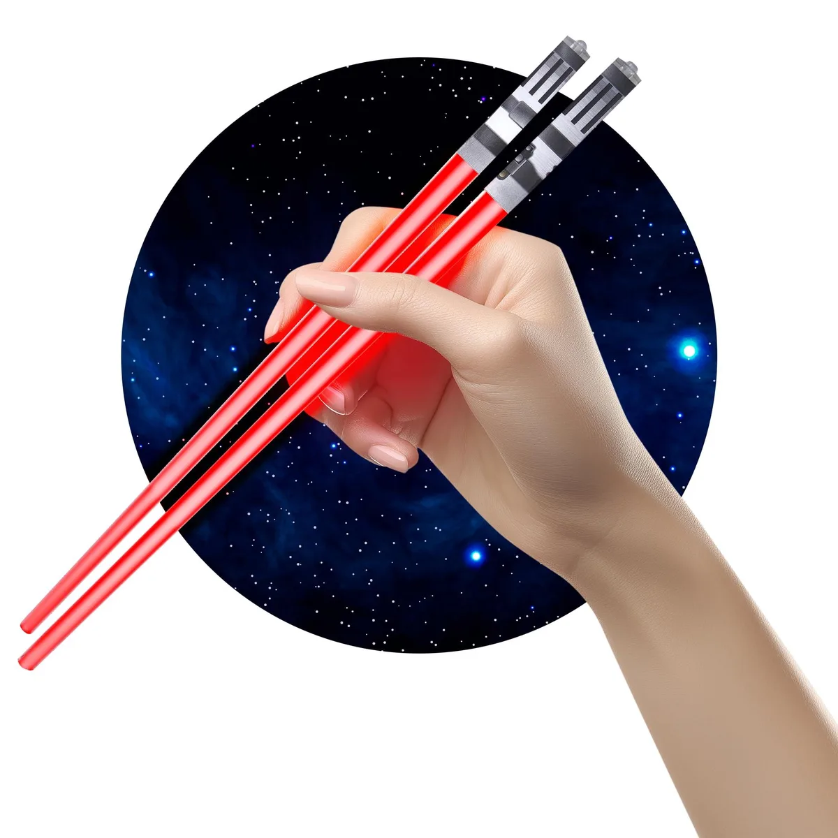 Red lightsaber-style chopsticks, twelve pairs, plastic handles, metal tips, glowing red LEDs