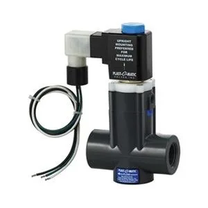 White PVC solenoid valve with compact inline body and coil enclosure
