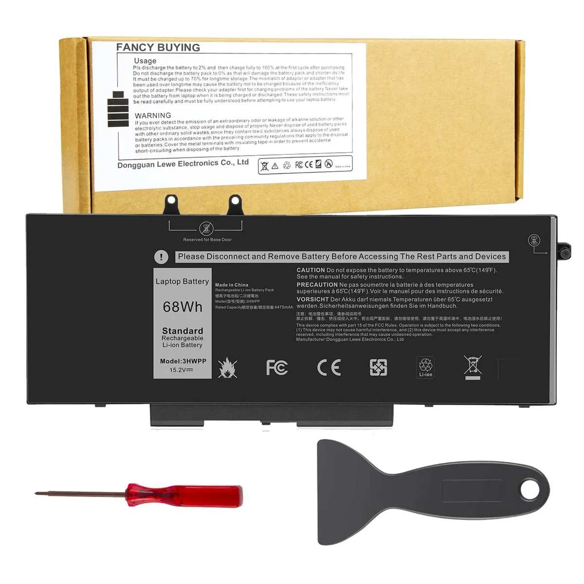 Rectangular black Li-ion laptop battery with label showing 68Wh 15.2V