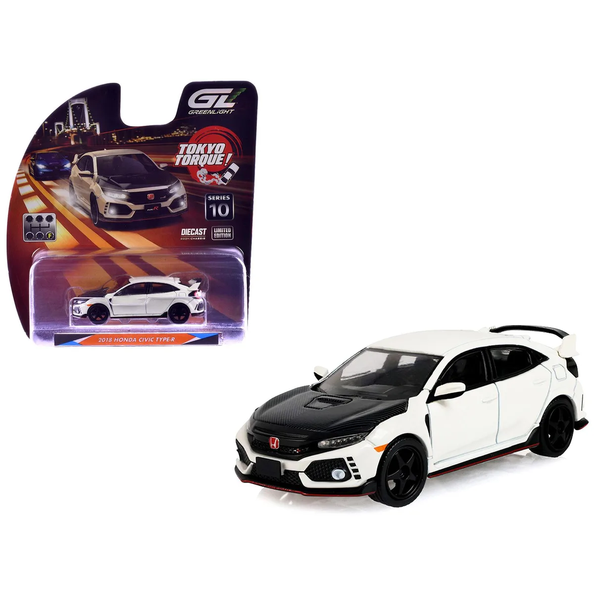 GREENLIGHT GREENLIGHT 2018 Honda Civic Type-R FK8 RHD Championship White Carbon Hood Tokyo Torque 1/64 Diecast — product photo