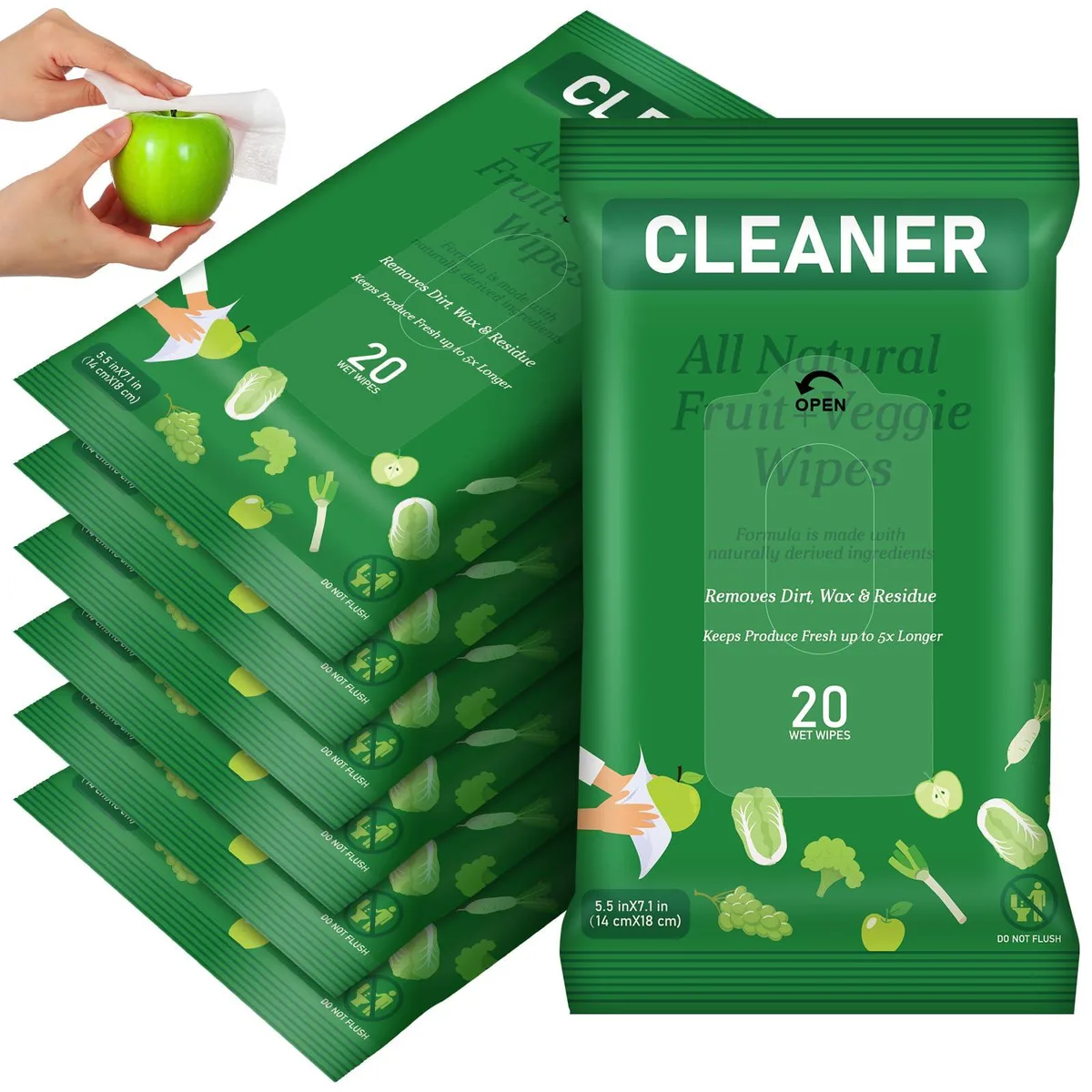 Seven blue packs of fruit and vegetable cleaning wipes