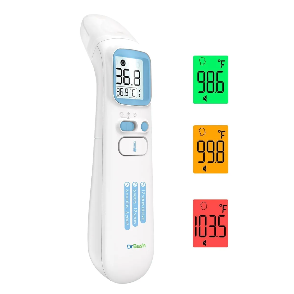 Blue and white infrared thermometer with large backlit display