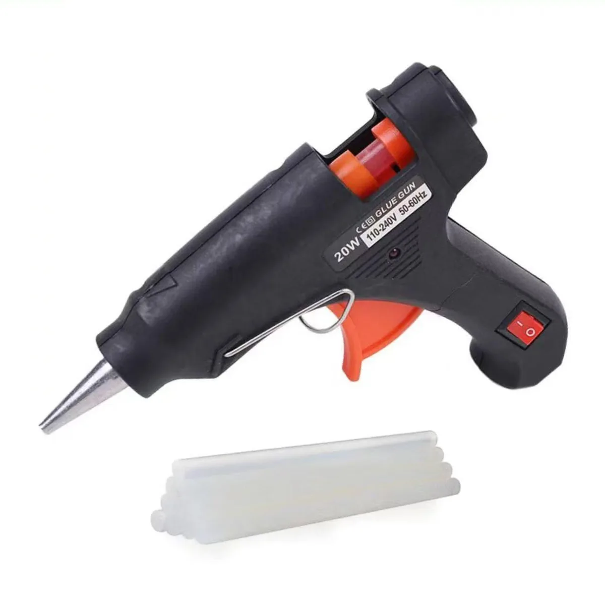 White mini glue gun with black finish and ten glue sticks
