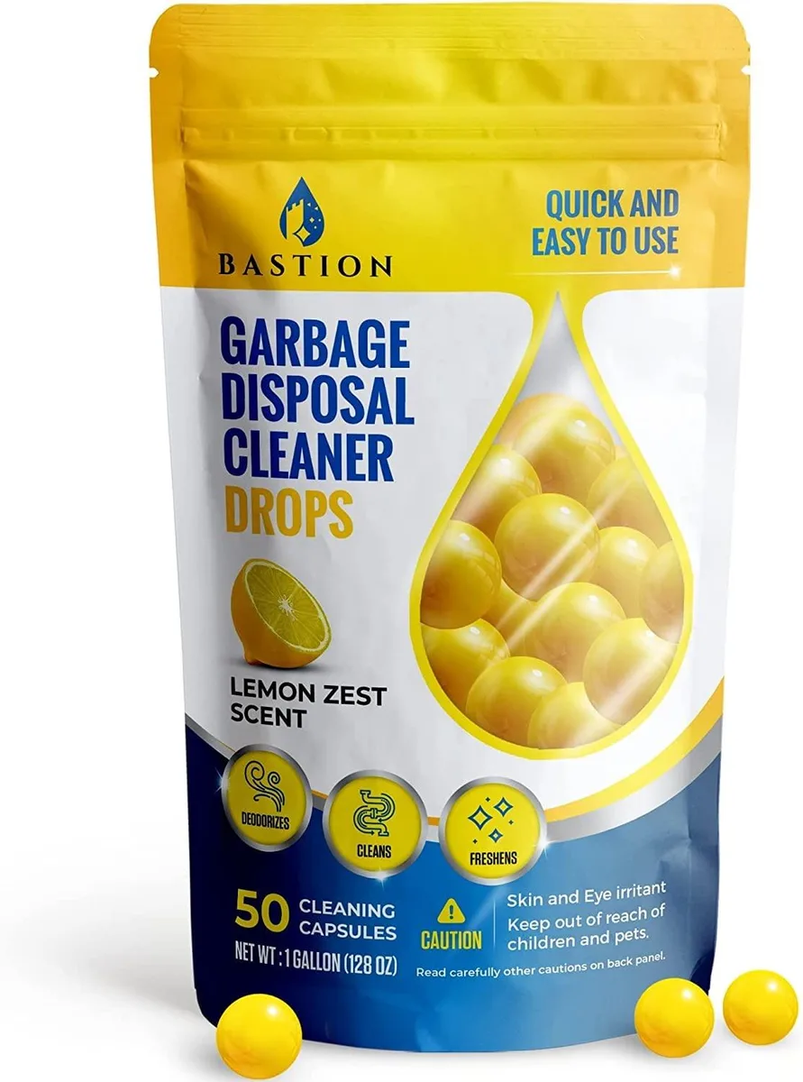 Resealable pouch containing 50 lemon-scented water-soluble drops