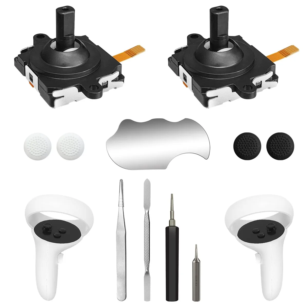 Orange VR controller repair kit with two joysticks, four caps, T5 screwdriver, tweezers and pry tool
