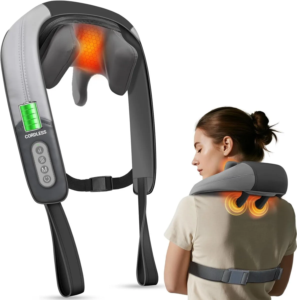 Grey cordless neck massager with adjustable strap, six rotating nodes and heat function