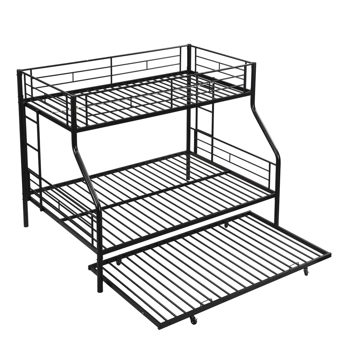 Black metal twin-over-full bunk bed with trundle, 13 inches under-bed space