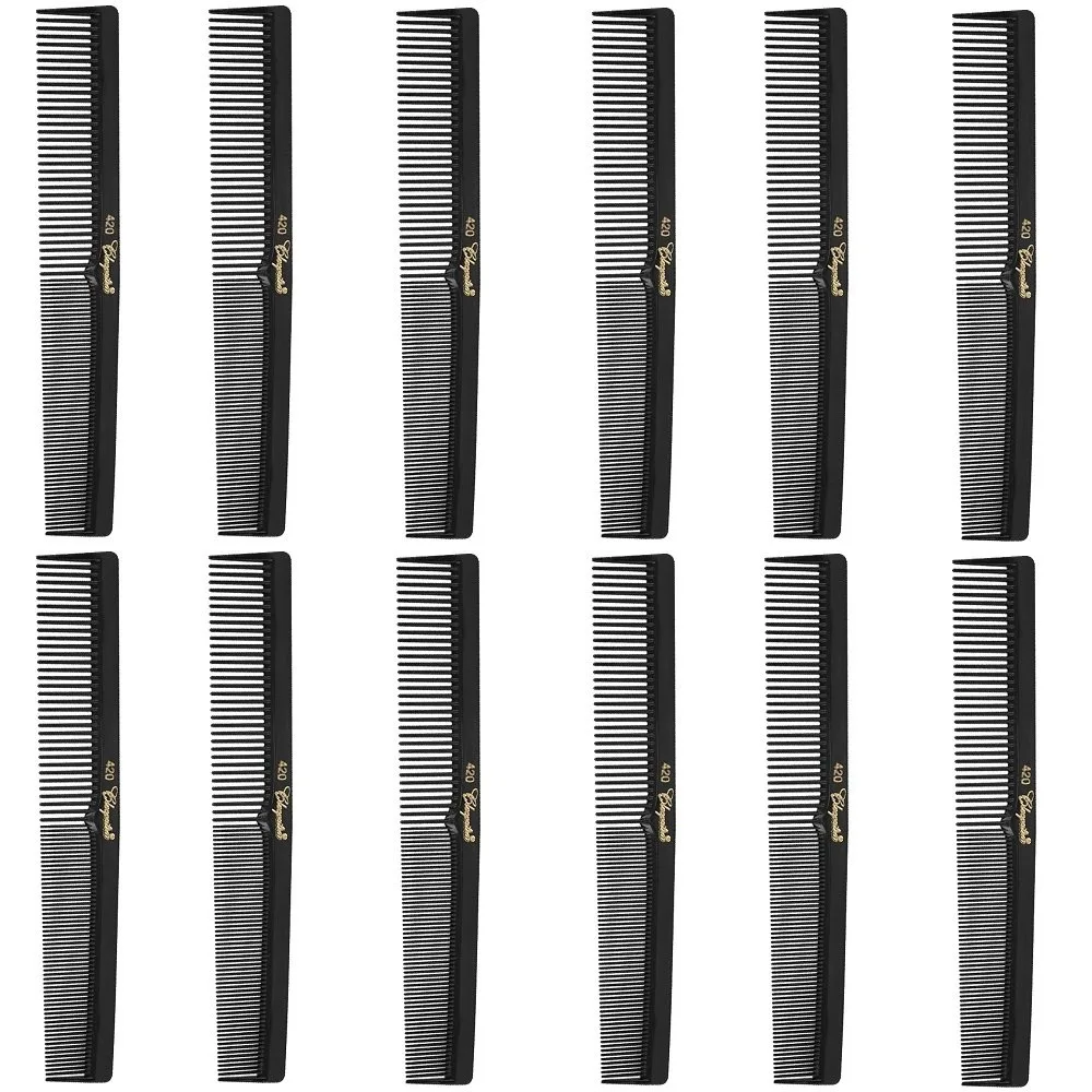 Pack of twelve black 7-inch flat square-back barber combs in nitrile rubber