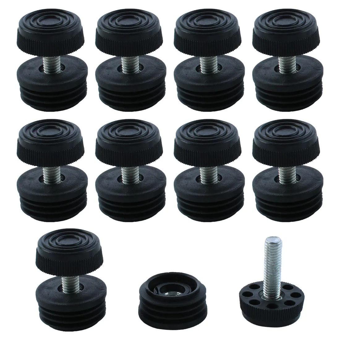 Ten black plastic leveling feet with threaded metal stems and round tube inserts
