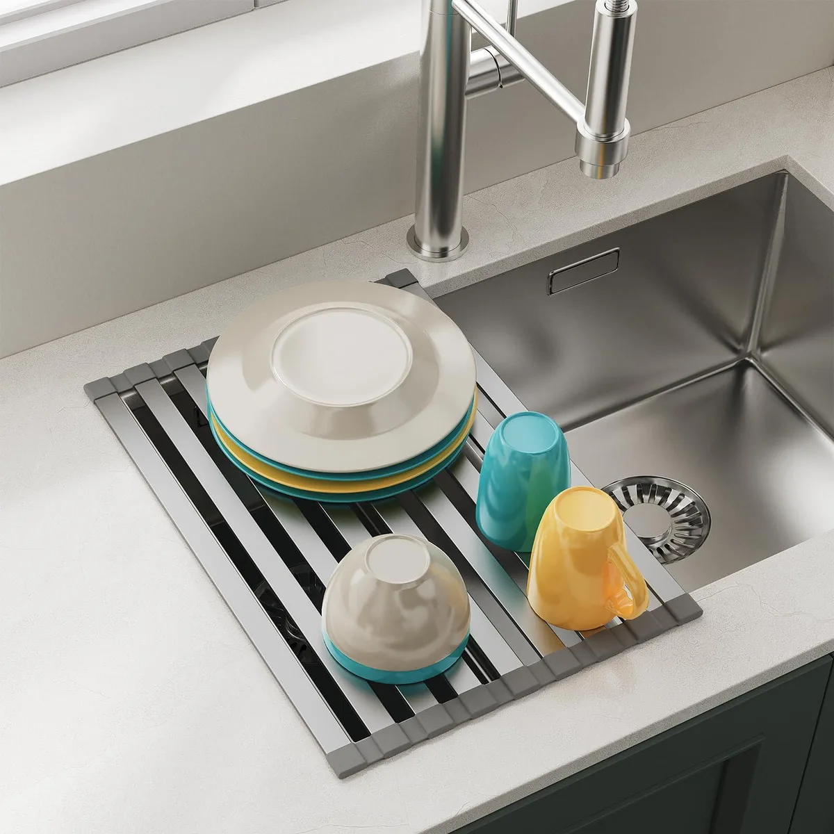 Matte-gray aluminum roll-up rack with silicone ends, 17.7 by 13.4 inches