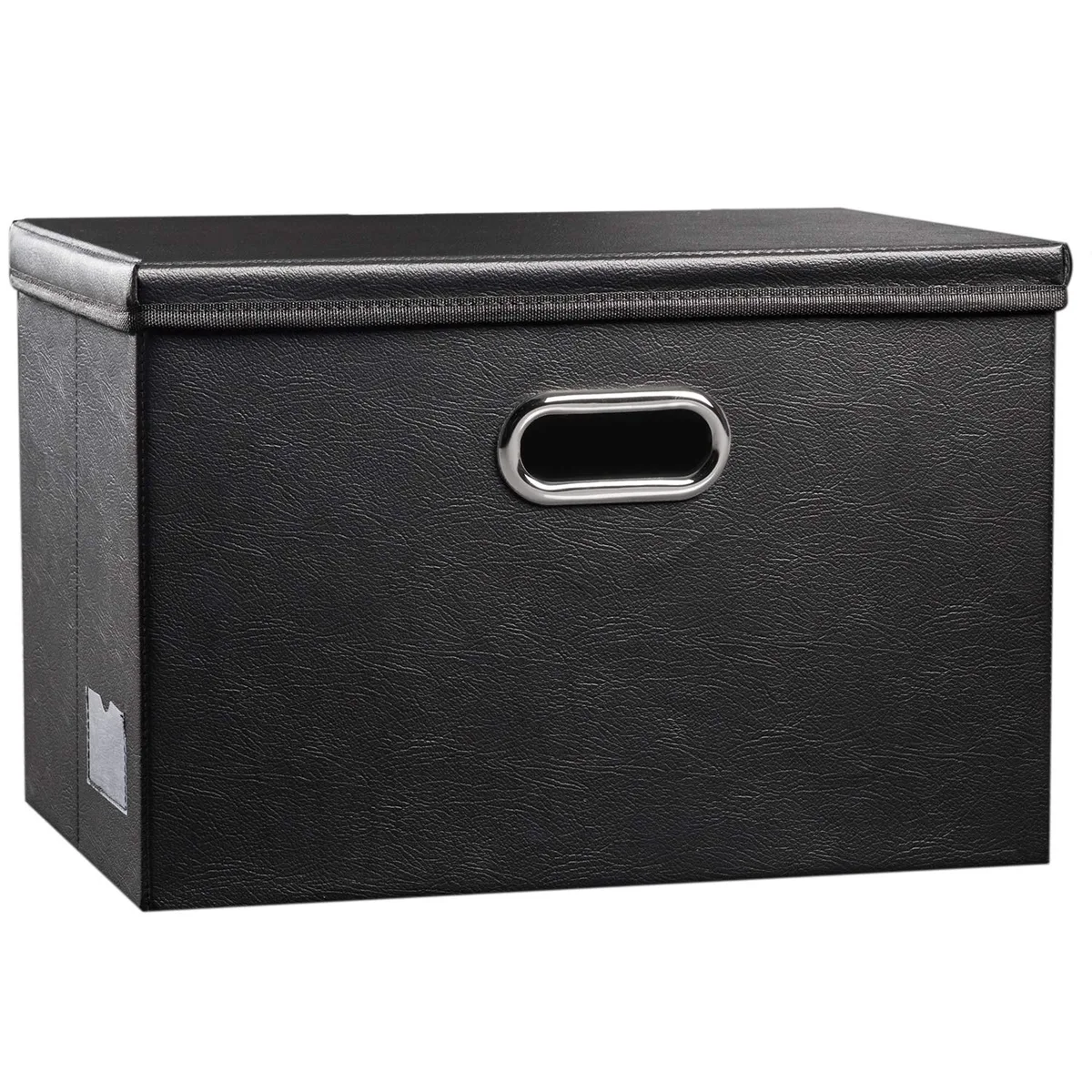 Black collapsible fabric storage cube with lid and metal handles, folded flat beside assembled box
