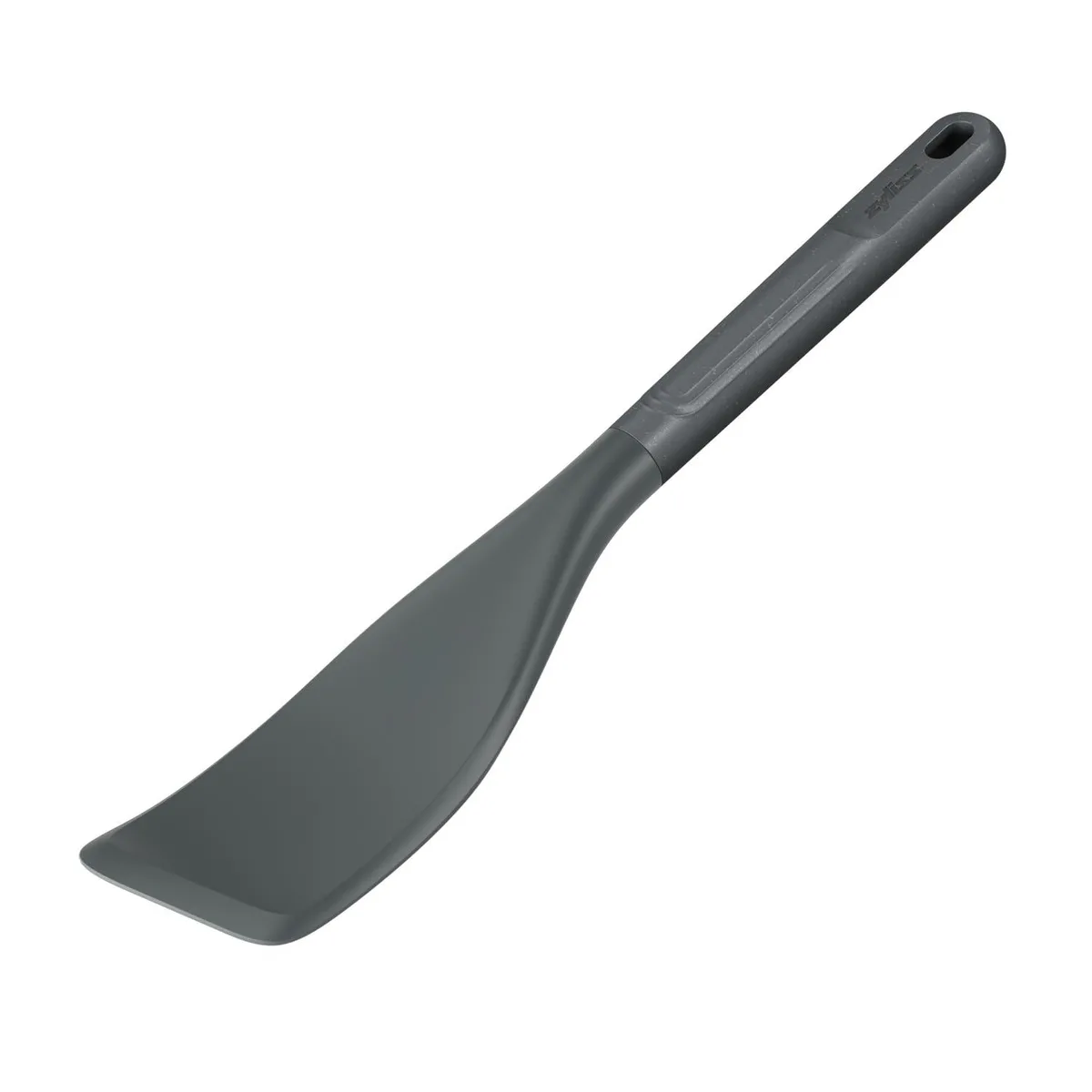 Grey silicone turner with wheatstraw handle, 30 cm long, angled thin head