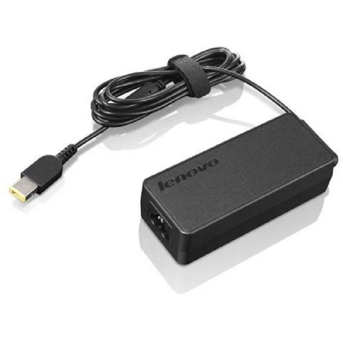 Compact black rectangular power brick with slim cylindrical connector tip