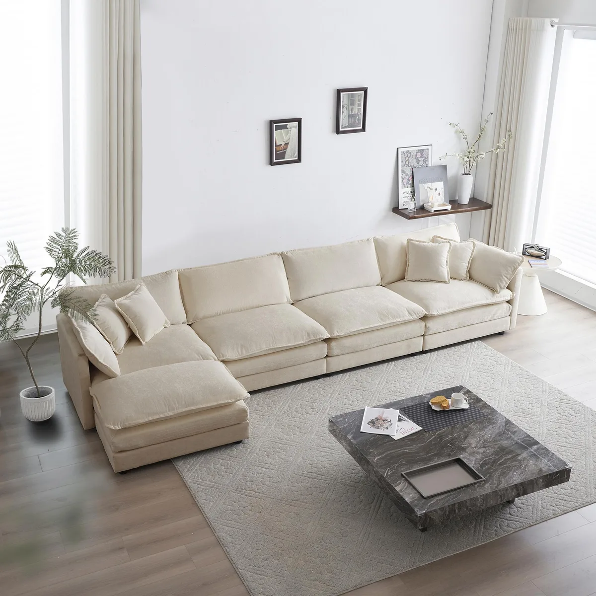 Beige chenille U-shaped modular 5-seater sectional with ottoman