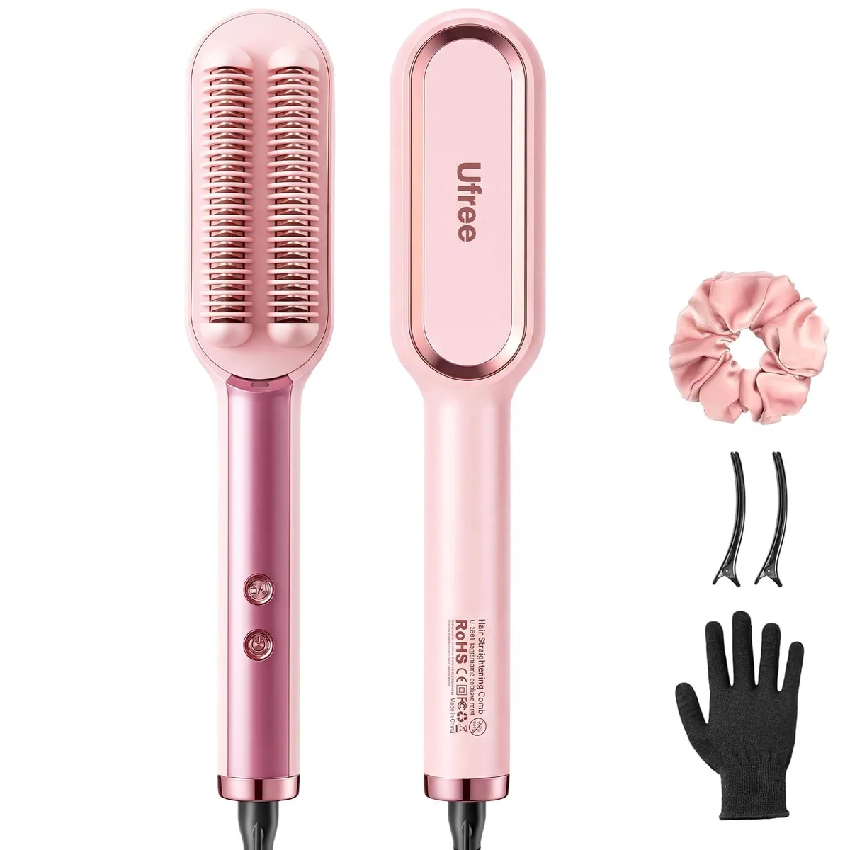 White hair straightener brush with double-row teeth LED display and 12.99 inch handle