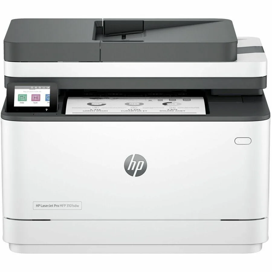 White rectangular monochrome laser multifunction printer with flatbed scanner and automatic document feeder