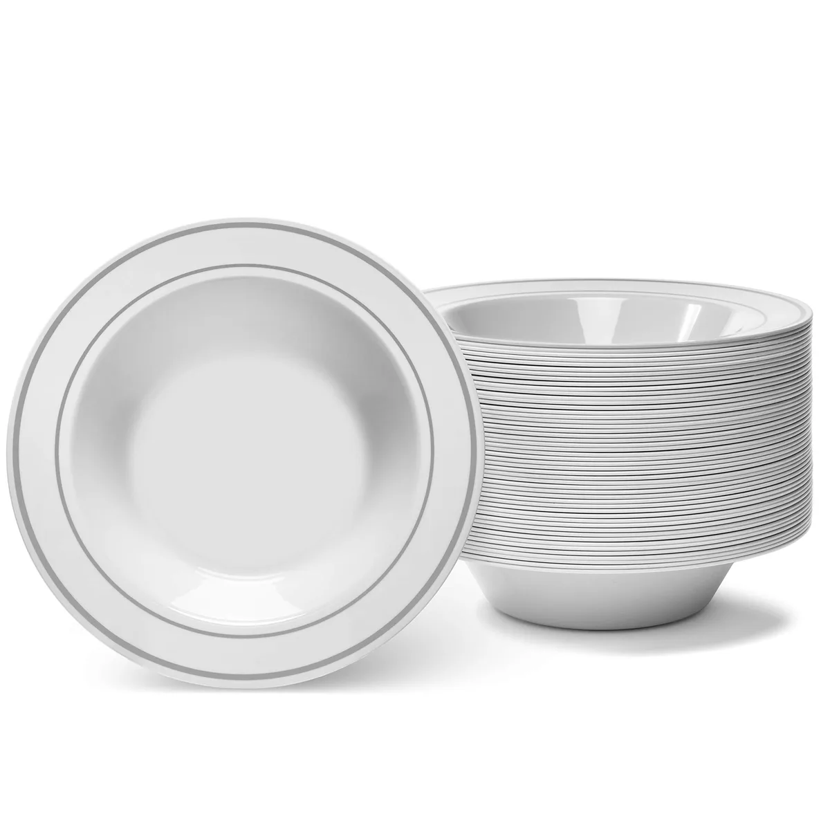 Stack of white round bowls with silver rims
