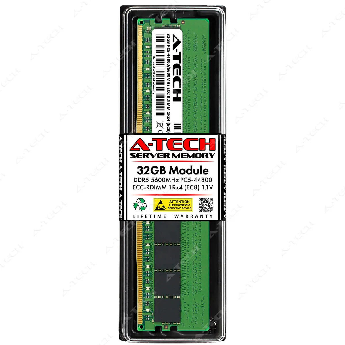 Green 288-pin DDR5 RDIMM module with black chips, 32GB capacity