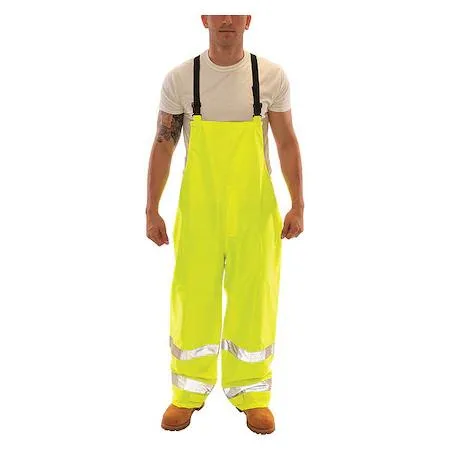 High-visibility green and yellow rain bib overall, polyester polyurethane, 30 inch inseam