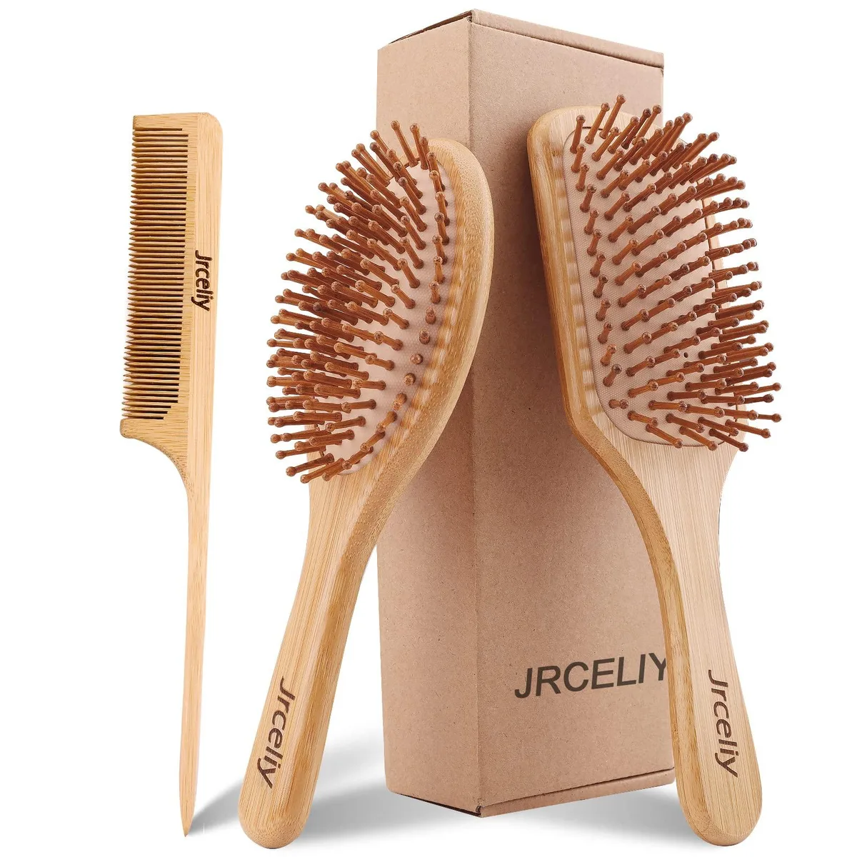 Three bamboo hair brushes and a tail comb in brown finish