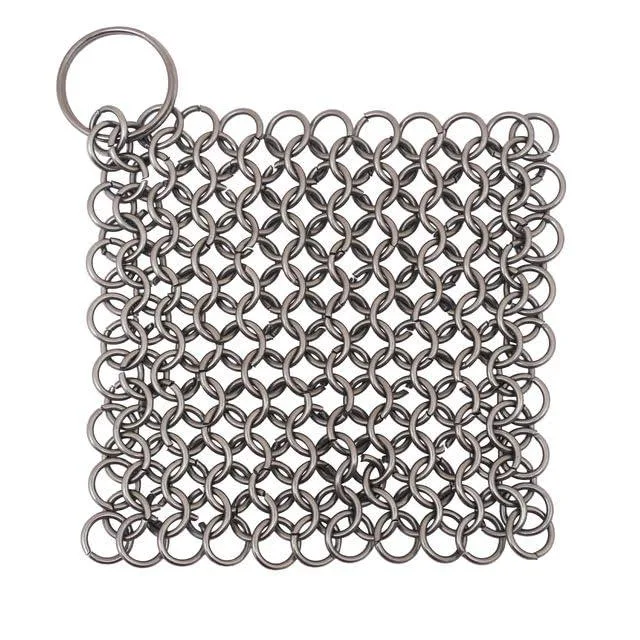 Square chainmail scrubber in brushed stainless steel with a hanging ring
