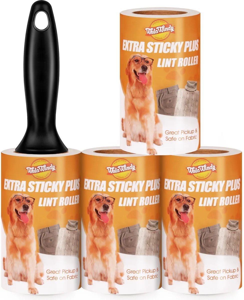 Four lint rollers in white packaging, one with handle and three refill rolls