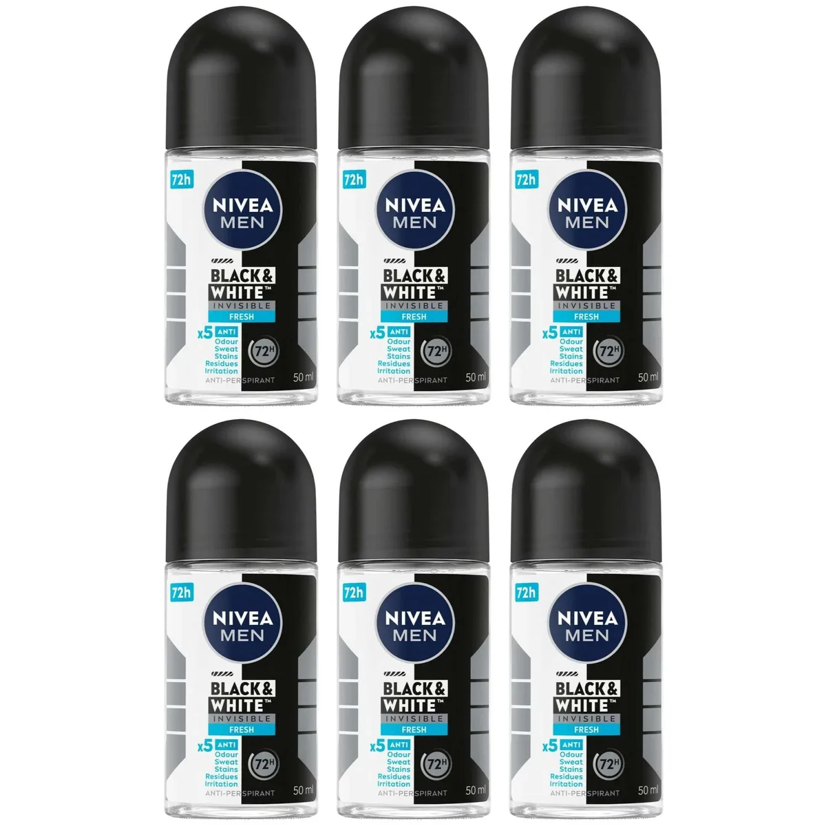 Nivea Nivea 52132715626814 Men Black &amp; White Invisible Fresh Roll-On Antiperspirant 50 ml 6-Pack skin care — product photo