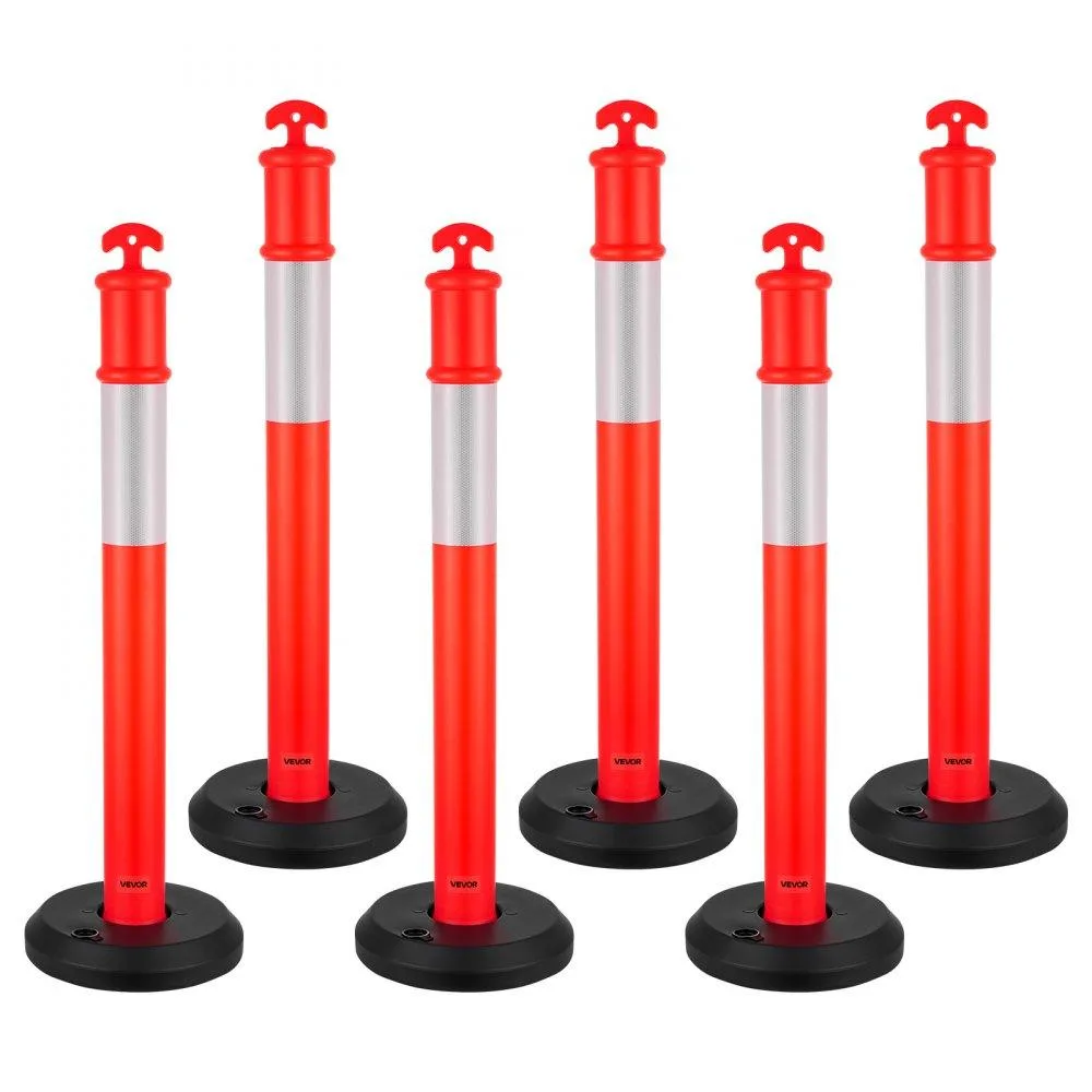 Six red 48-inch traffic posts with reflective strips and square fillable bases