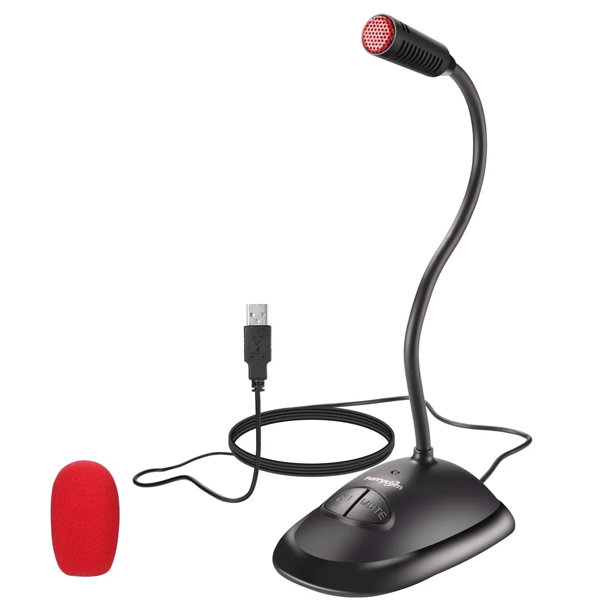 Black USB cardioid microphone with flexible metal gooseneck and heavy base, mute button with LED, 1.7m cable
