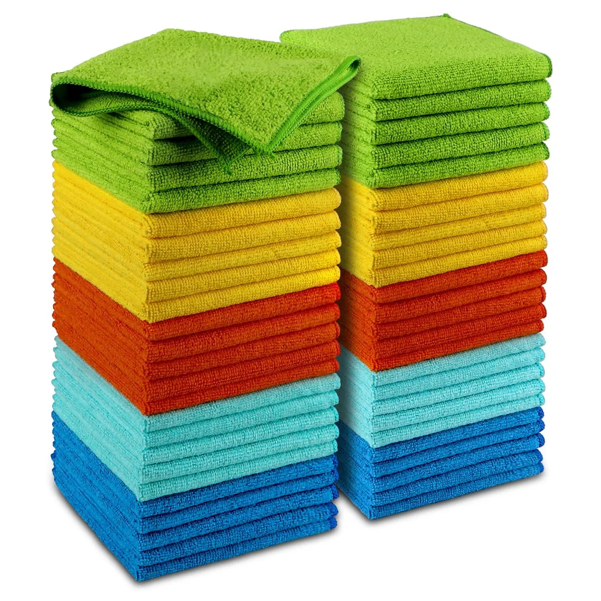 Stack of fifty square microfibre cloths in assorted colours, each twelve inches by twelve inches