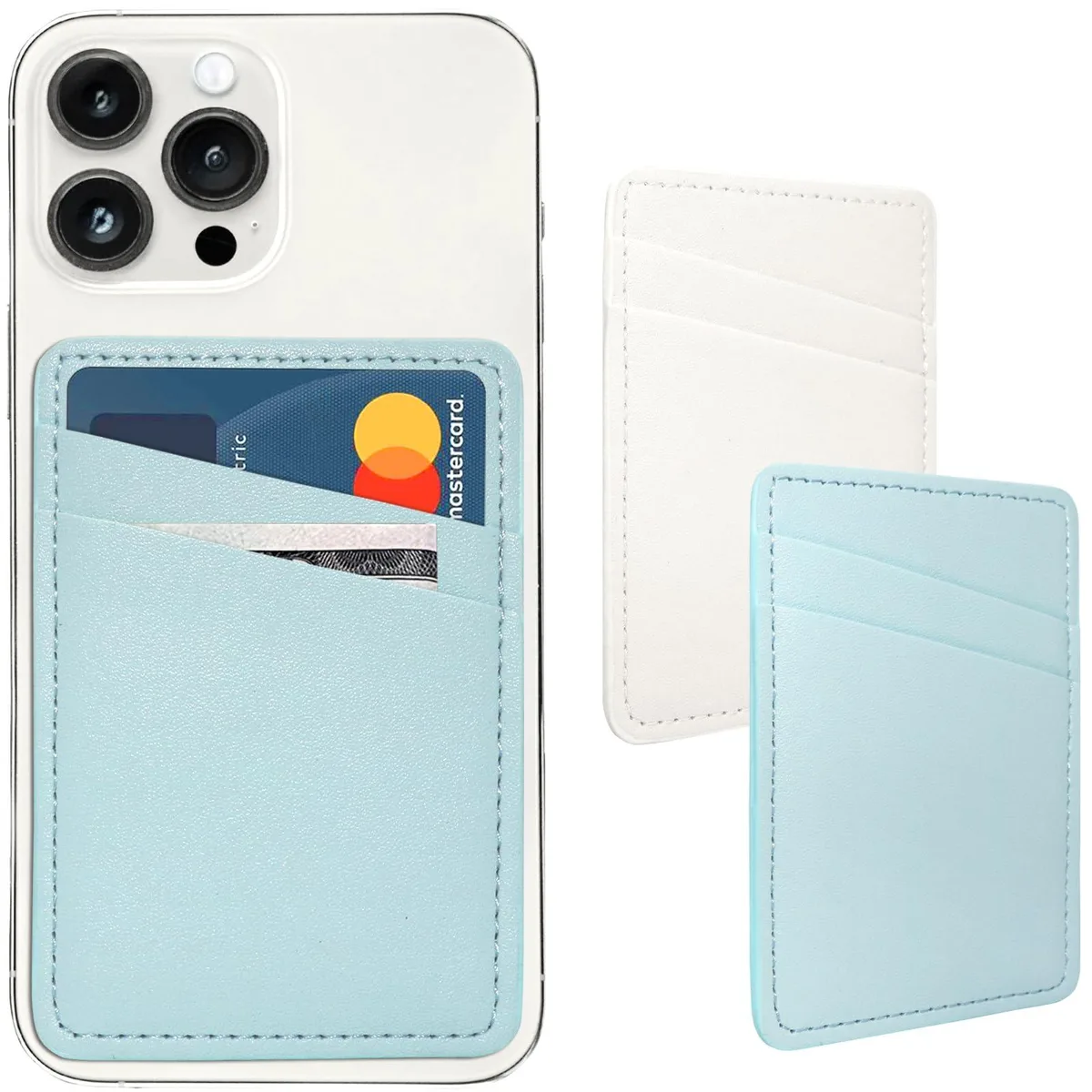 White and blue leather phone card holder with adhesive backing