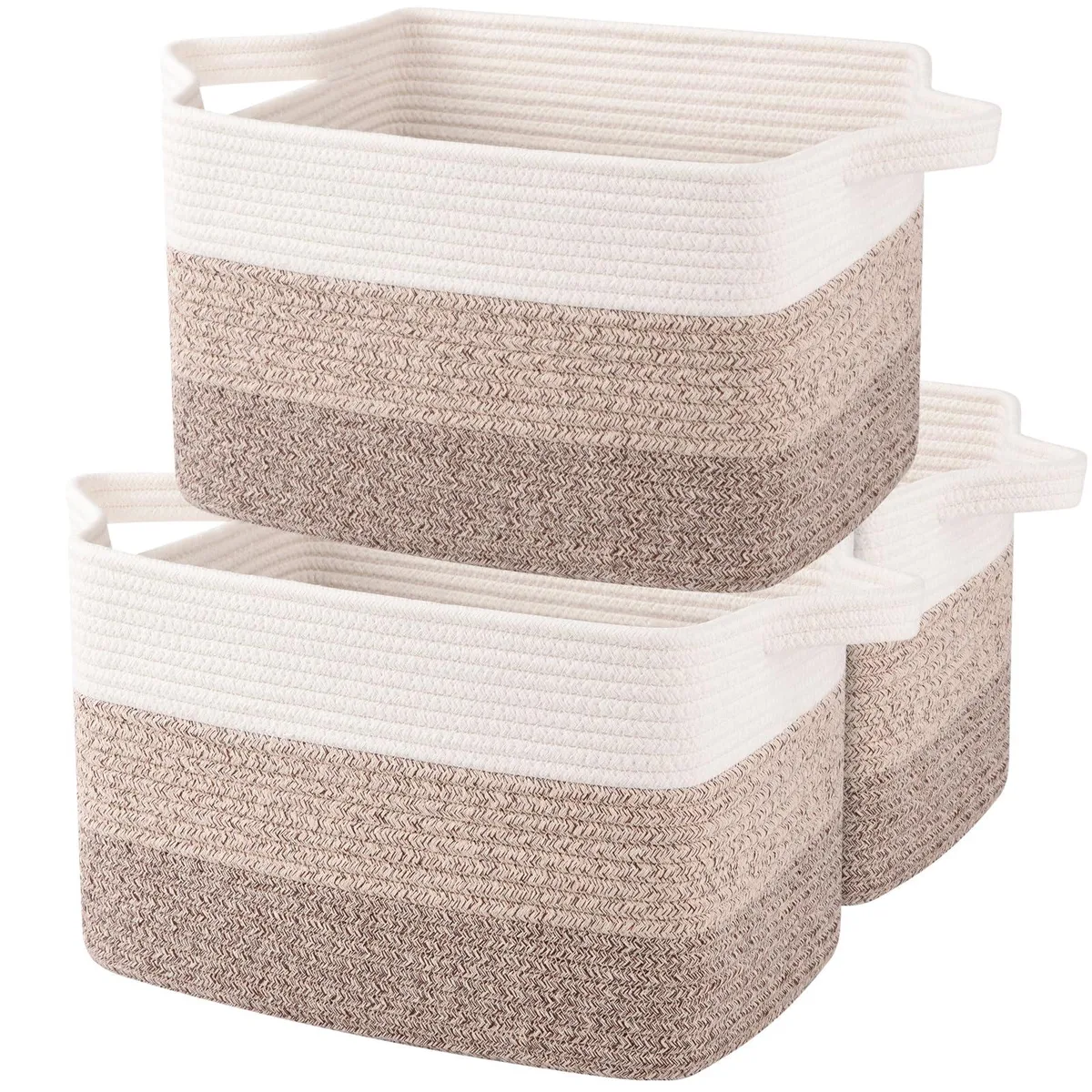 Three gradient-yellow cotton rope storage baskets with braided handles, folded flat