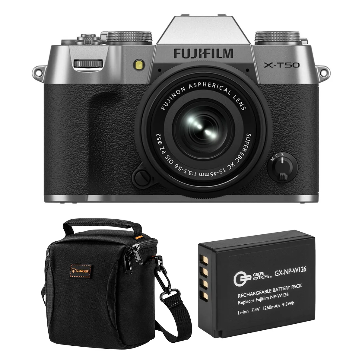 FUJIFILM FUJIFILM X-T50 Silver with XC 15-45mm f/3.5-5.6 OIS PZ Lens, 64GB SDXC, Alpine 120 Shoulder Bag — product photo
