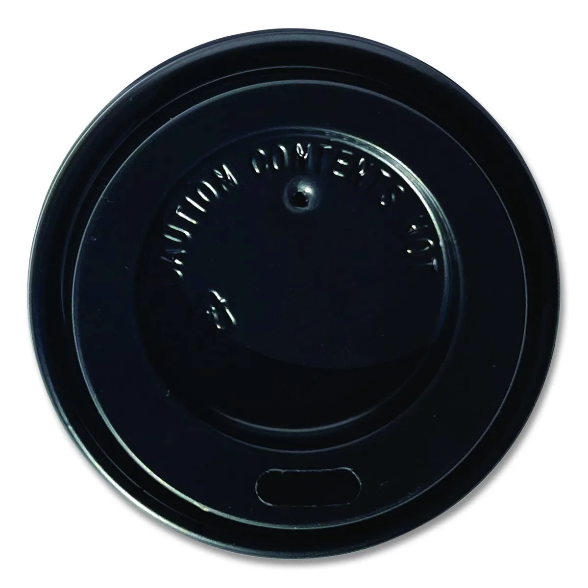Flat black plastic hot cup lids in bulk carton