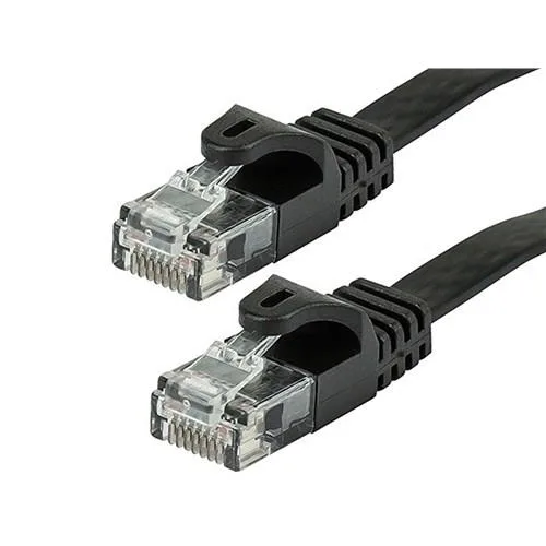 Flat black Cat5e ethernet patch cable, 0.5 ft, RJ45 connectors with snagless boots