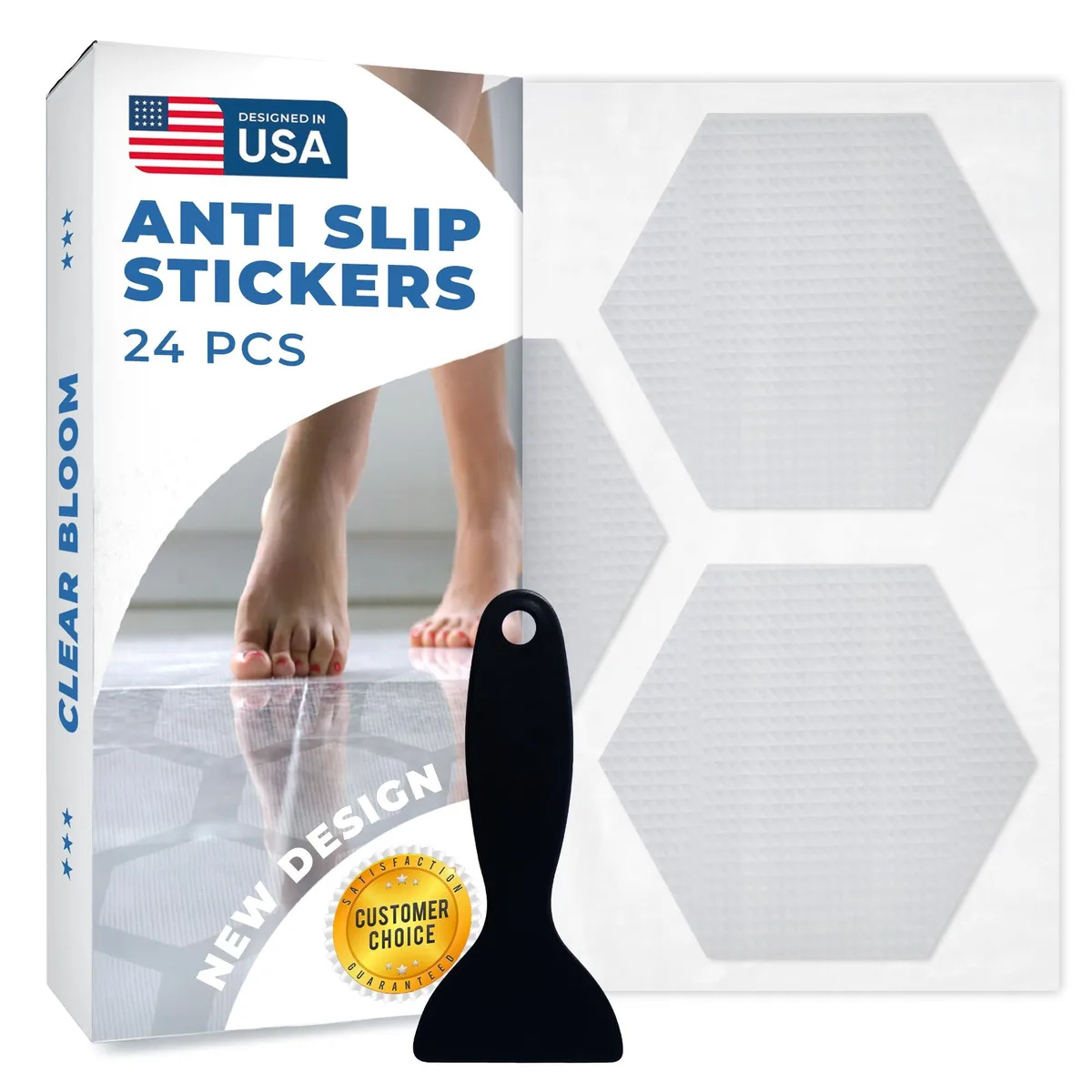 24 clear hexagonal stickers with raised micro-pyramid grip texture and included scraper tool