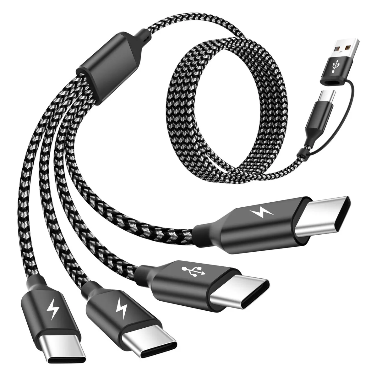 Black and grey braided USB-C splitter cable with four connectors and dual USB-A/USB-C input ends