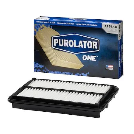 Rectangular white PurolatorONE air filter with pleated media and black frame