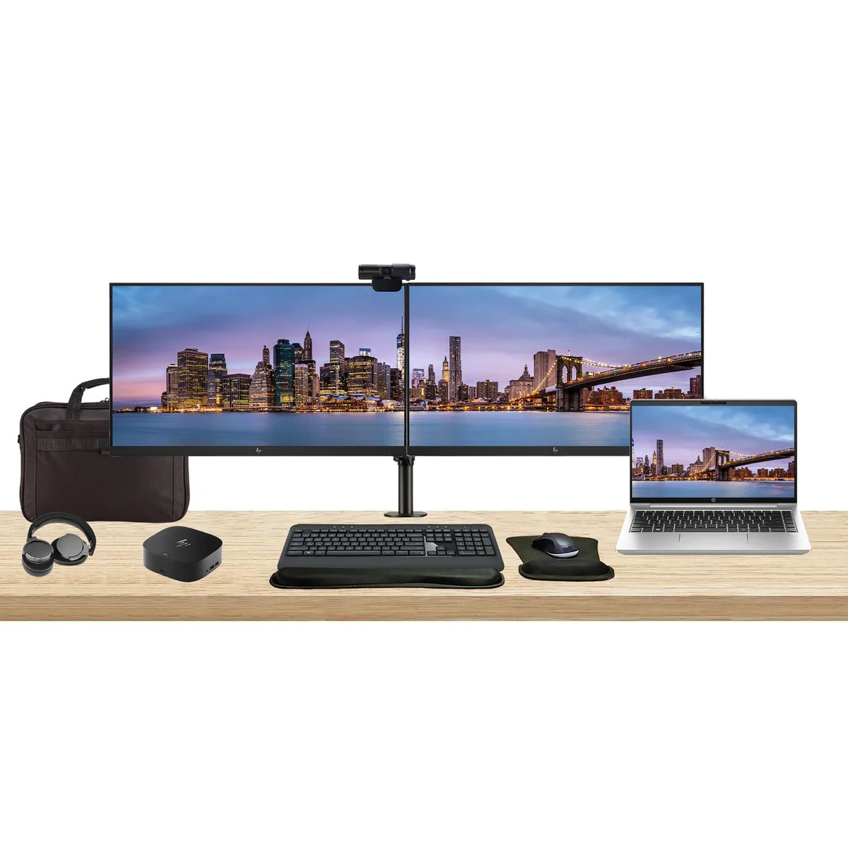HP HP ProBook 440 G10 14" i5 8GB 256GB SSD bundle 2×24" monitors dock keyboard mouse webcam headphones bag — product photo