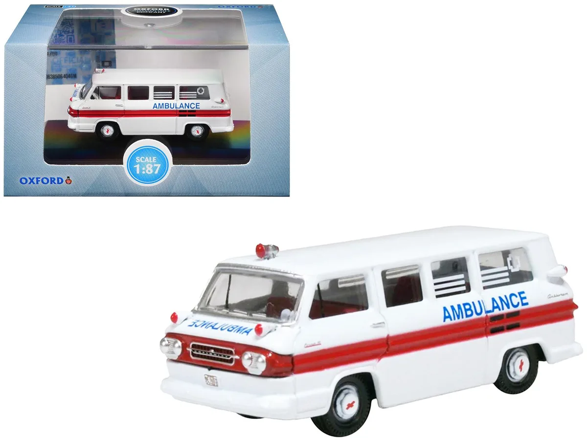 Oxford Diecast Oxford Diecast 1962 Chevrolet Corvair Greenbrier AmbleWagon Ambulance White Red 1/87 HO Hobby Collectible — product photo