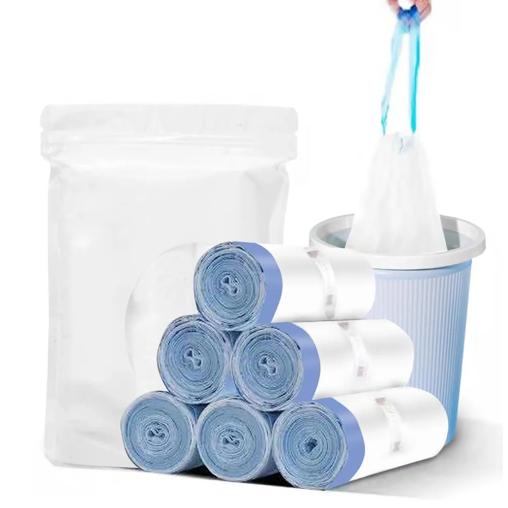 White 2.6 gallon drawstring trash bags, 80 count, milky white plastic with blue drawstring closure