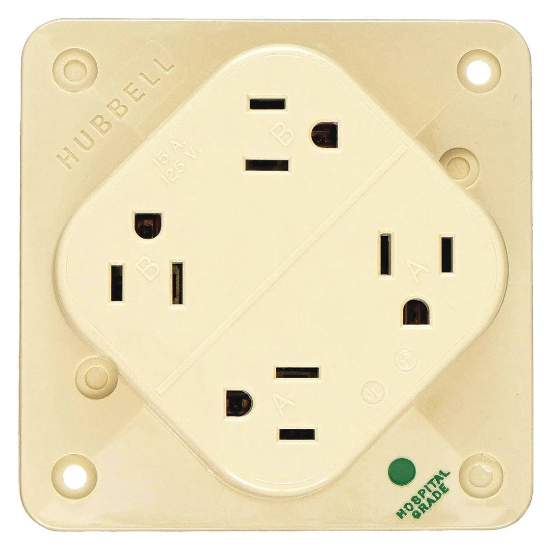 Ivory straight-blade receptacle with four outlets and break-off tabs