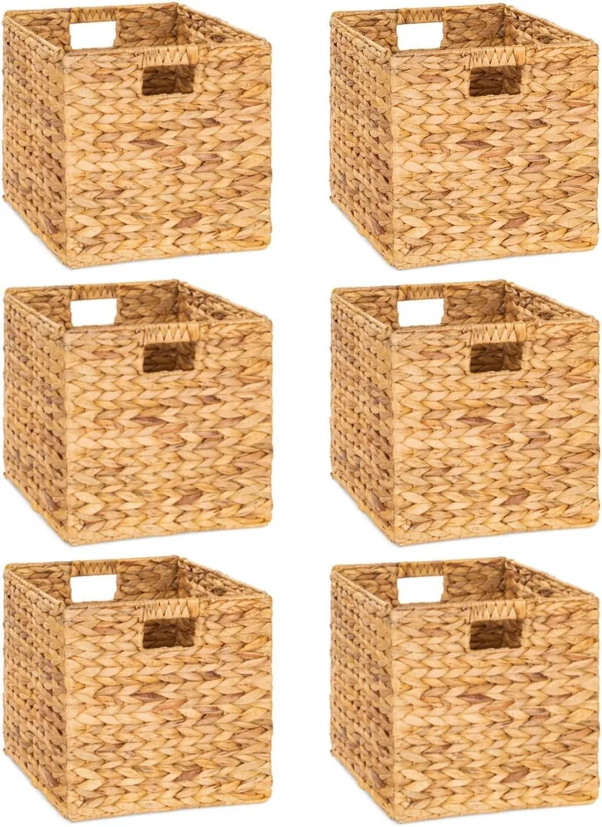 Six red plastic storage cubes, 10.5 inches square, woven-look finish with integrated handles